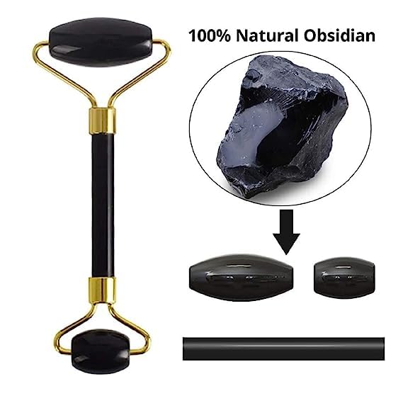 Black Obsidian Jade Facial Roller & Gua Sha Set 100% Natural Source from Highest Altitude of Himalayan Two-Sided Face Neck Massager Stone Beauty Tool Black Obsidian