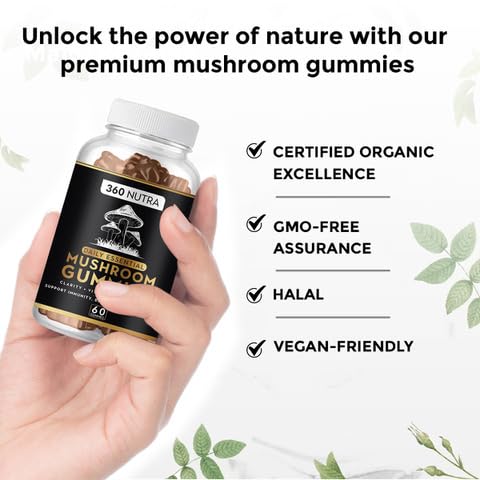 Premium Organic Mushroom Gummies| Immune Support and Antioxidant Boost Vegan Gummies | All-Natural Immunity-Enhancing Mushroom Supplements for Adults| Focus Gummies for Memory, Focus and Nerve Health