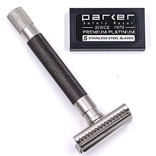 [Australia] - Parker Semi-Slant Safety Razor – Graphite Finish | Close Shaving Double Edge Razor for Sensitive Skin & Coarse Hair | Slanted Precision Head + 5 Platinum DE Blades | Iconic Brand 