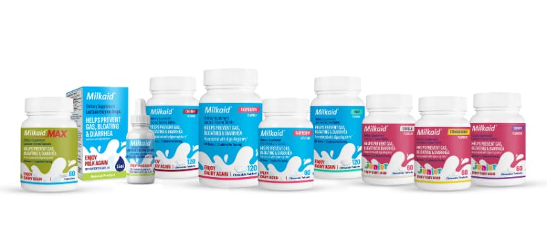 [Australia] - Milkaid Junior Lactase Enzyme Chewable Tablets for Lactose Intolerance | Prevents Gas, Bloating, Diarrhea in Children| Fast Acting Dairy Digestive Supplement for Kids| 60 ct (60 Tablets, Vanilla) 60 Count (Pack of 1) 