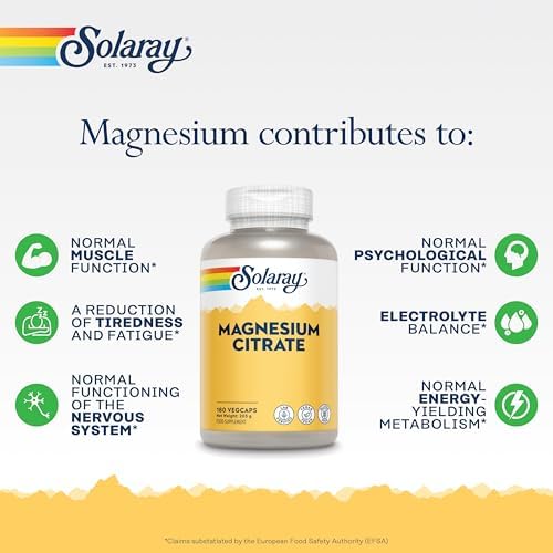 Solaray Magnesium Citrate 400mg Elemental Magnesium per Serving - 180 Vegan Capsules - High Strength Supplement - Energy, Muscle, Nervous System Support - Lab Verified