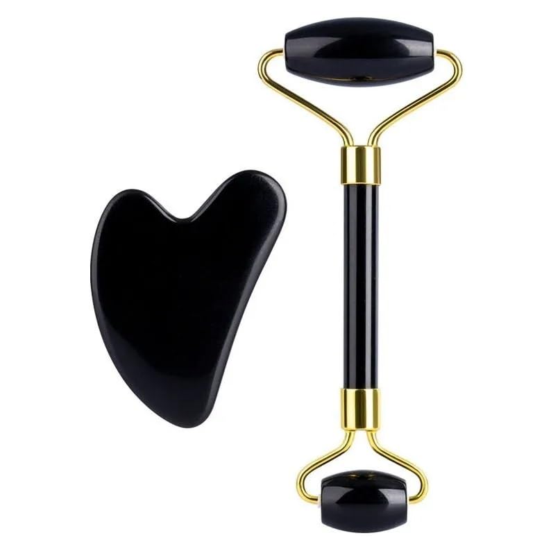 Black Obsidian Jade Facial Roller & Gua Sha Set 100% Natural Source from Highest Altitude of Himalayan Two-Sided Face Neck Massager Stone Beauty Tool Black Obsidian