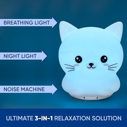 [Australia] - Mindfulness 'Breathing Kitty' | 4-7-8 Guided Visual Meditation Breathing Light | 3 in 1 Device with Night Light & Noise Machine for ADHD Anxiety Stress Relief Sleep - Gift for Kids Adult Women Men 