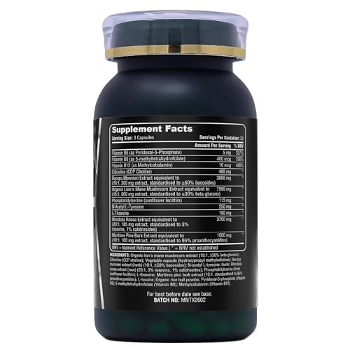 Mentex® Support Nootropics Brain Supplement | Lion's Mane, Citicoline, Rhodiola Rosea, Bacopa Monnieri, L-Theanine, L-Tyrosine & Phosphatidylserine | Research Backed Vegan Formula | 90 Capsules