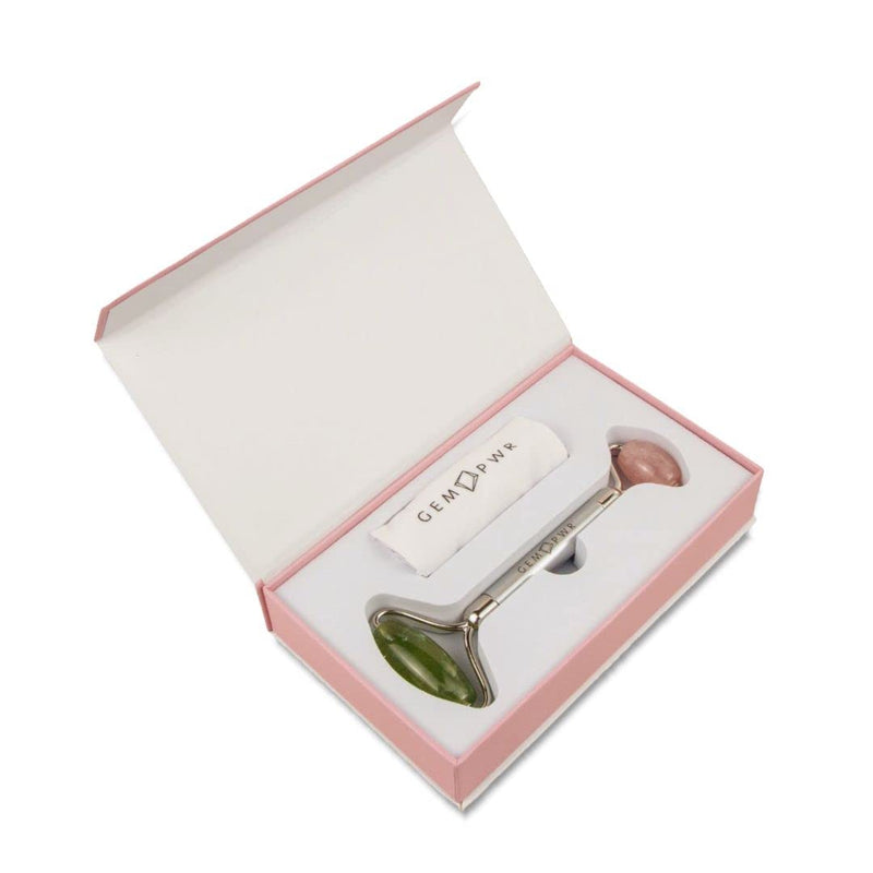 [Australia] - Rose Quartz + Jade Roller for Face and Neck Massage, Dual Gemstones with Durable Steel Handle and Travel Bag. Minimize Wrinkles, Reduce Puffiness and Restore Skin's Elasticity and Radiance Jade + Rose Quartz 