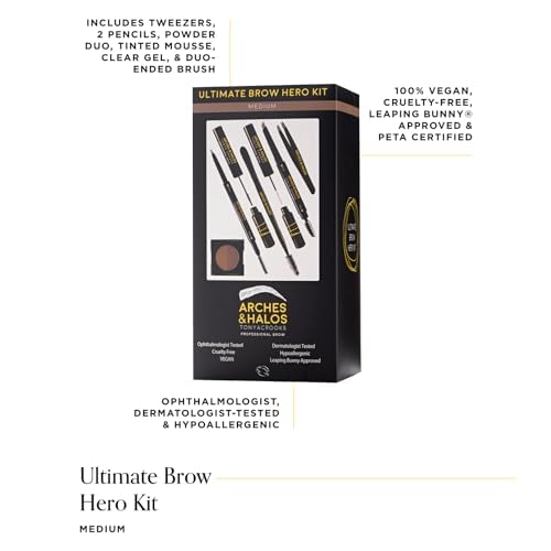 [Australia] - Arches & Halos - Ultimate Brow Hero Kit - Eyebrow Styling Makeup Kit, Pencil, Gel, Shading, Powder, Mousse, Natural and Bold Precise Brow Shaper - Hypoallergenic, Vegan - 7 Pc Kit, Medium 