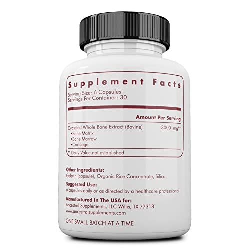 [Australia] - Ancestral Supplements Grass Fed Beef Bone and Marrow Supplement, 3000mg, Skin, Oral Health, and Joint Support Supplement, Promotes Whole-Body Wellness, Non GMO Whole Bone Extract, 180 Capsules 