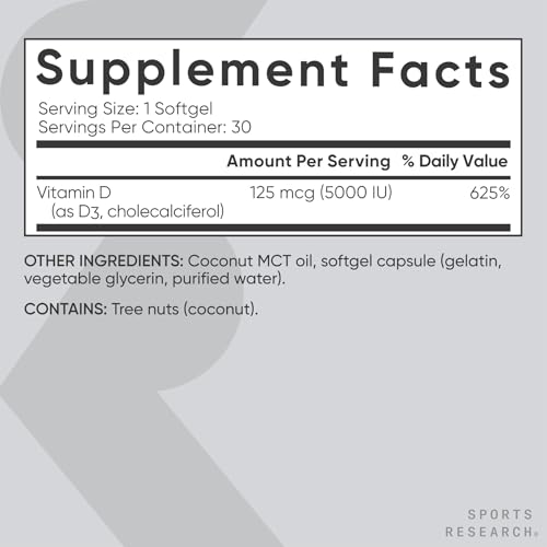 Sports Research® Triple Strength Omega-3 Fish Oil 1250mg from Wild Alaska Pollock, Vitamin D3 5000 IU with Coconut MCT Oil (125mcg) and Vegan Biotin 5000mcg Vitamin B7