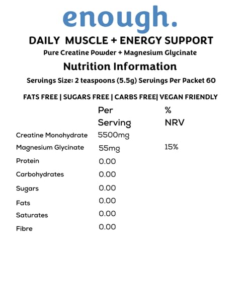 enough. Pure Creatine Powder with Magnesium Glycinate 330g (60 Days) - Monohydrate Creatine Powder, Ultrafine, Premium, 100% Micronised, Easy Dissolve, Vegan, Unflavoured, for Men and Woman