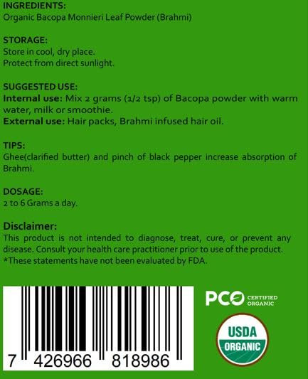 [Australia] - Organic Bacopa Powder (Brahmi Leaf), Certified Organic Ayurveda Superfood, Hair and Brain Tonic, Resealable Pouch of 8 oz 8.0 ounces 