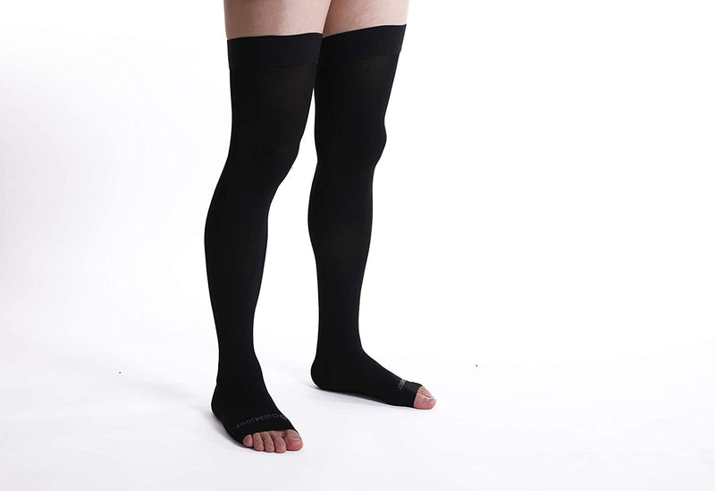 [Australia] - Doc Miller Thigh High Compression Socks - Open Toe, 20-30mmHg for Varicose Veins, Calf, Leg & Ankle Support, Pregnancy & Maternity Stockings, Small to Plus Size Large (1 Pair) Black 