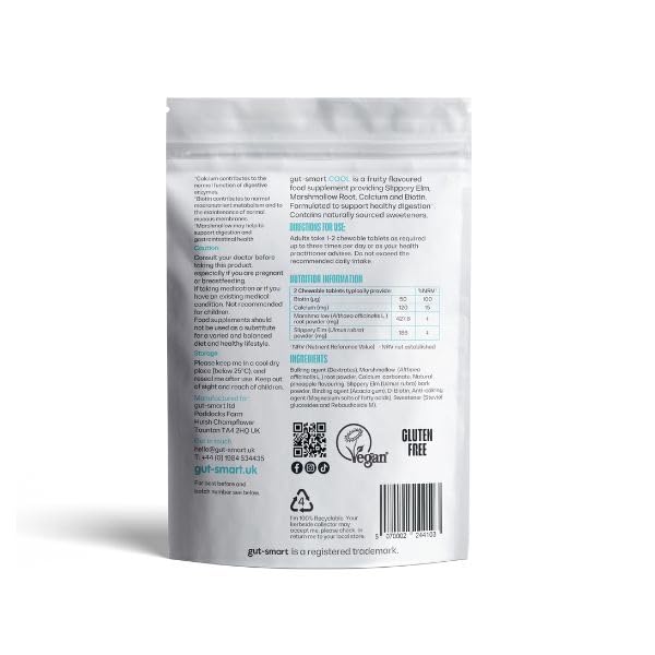 Gut–Smart Cool, 60 x Chewable Tablets, Fast Digestion Support, Natural Supplements for Healthy Digestion, Contains Slippery Elm, Marshmallow Root, Calcium and Biotin, Pocket TIN Included 60 Count