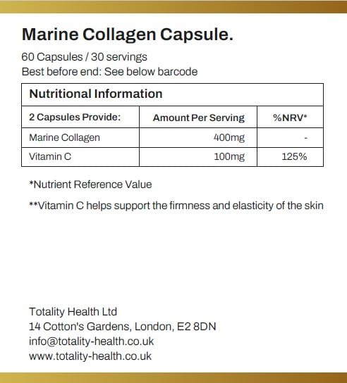 Totality Marine Collagen Capsules – Type I & III with Vitamin C, 400mg Per Serving – 60 Capsules, 30-Day Supply – Skin, Hair, Nail & Joint Support from Wild-Caught Marine Source