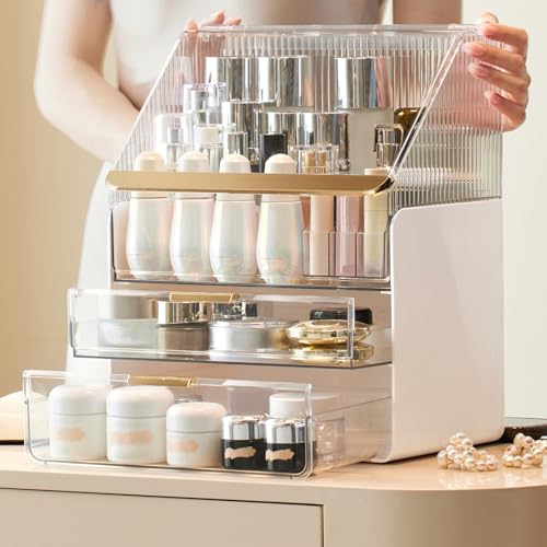Omeily Makeup Organizer Countertop Vanity Cosmetic Skincares Organizer | Large Clear Makeup Organizer Cosmetic Storage Box for Skincare Perfume, Vanity & Bathroom Organizer Gift for Women Girls