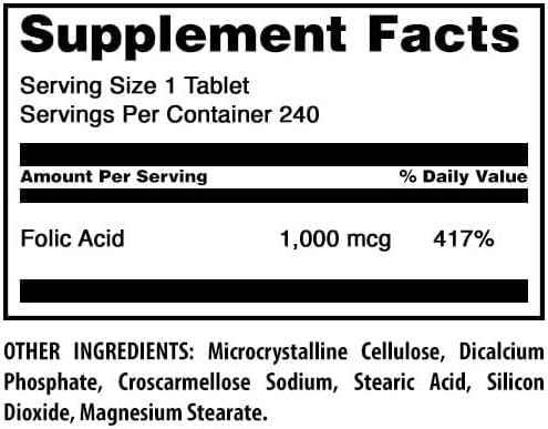 Amazing Formulas Folic Acid 1000 mcg (1 mg) Tablets Supplement | Vitamin B9 | Non-GMO | Gluten Free | Made in USA (240 Count | 3 Pack) Unflavored - 240 Count | 3 Pack