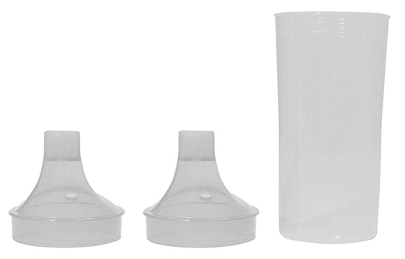 Drinking/Feeding Cup with 2 Spouts and Straw Holes Small/Narrow Spout allows for drinking Liquids, Larger/Wider Spout for more Solid or Blended Food Easy to hold and use Reduces risk of Spillage
