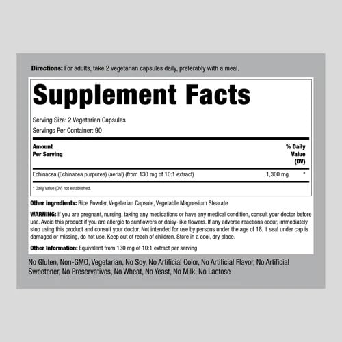 [Australia] - Piping Rock Echinacea Extract Capsules 1300mg | 180 Count | Herbal Supplement | Vegetarian, Gluten Free, Non-GMO 