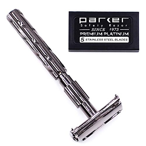 Parker 22R Long Handle Safety Razor – Gunmetal Twist-to-Open Butterfly Design, Heavyweight Brass Frame with Knurled Grip | Includes 5 Platinum Double Edge Blades | Iconic Brandd