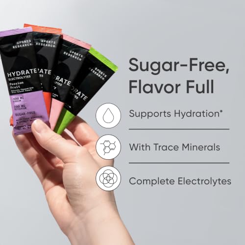 Sports Research Hydrate Electrolytes Combo Pack - Sugar-Free & Naturally Flavored with Vitamins, Minerals, and Coconut Water - Supports Hydration - 32 Packets - Lemon Lime Dominant Flavor