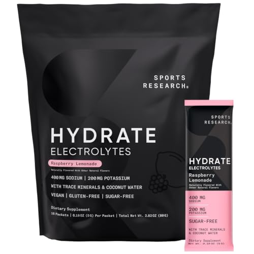 Sports Research Hydrate Electrolytes Dynamic Duo - Sugar-Free & Naturally Flavored with Vitamins, Minerals, and Coconut Water - 32 Hydration Packets of Lemon Lime & Raspberry Lemonade