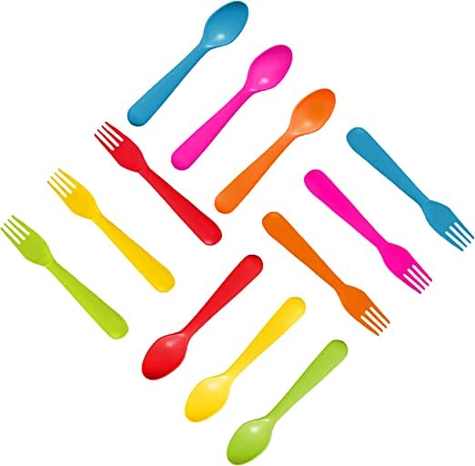 [Australia] - Plastic Toddler Utensils Set of 12 Kids Utensils Forks and Spoons - BPA FREE/Dishwasher Safe Toddlers Silverware Set Brightly Colored Children's Safe Flatware Cutlery Set 
