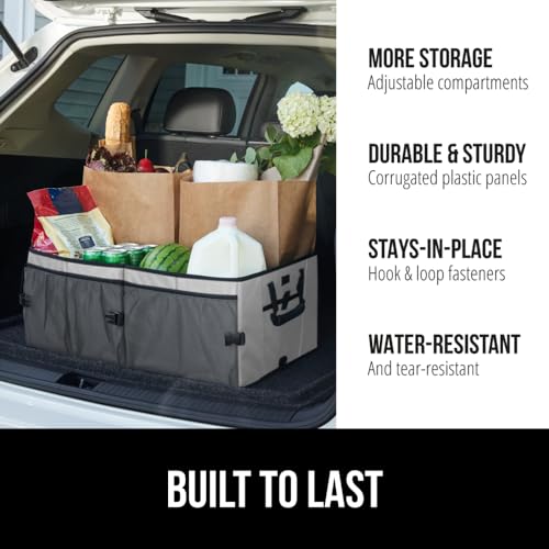 GORILLA GRIP Umbrella and Trunk Organizer, Umbrella has One-Click Automatic Open and Close, Trunk Organizer is Collapsible, Multi Compartment Container, Both in Gray, 2 Item Bundle