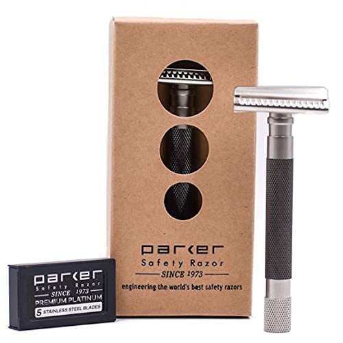 [Australia] - Parker Semi-Slant Safety Razor – Graphite Finish | Close Shaving Double Edge Razor for Sensitive Skin & Coarse Hair | Slanted Precision Head + 5 Platinum DE Blades | Iconic Brand 