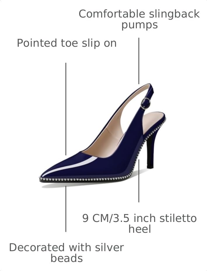 Zamikoo Women Beaded Pumps High Heel Slingback Pointed Toe Slip On 3.5 Inch Stilettos Ankle Strap Adjustable Buckle Patent Leather US Size 5 -Size 13 7 Navy