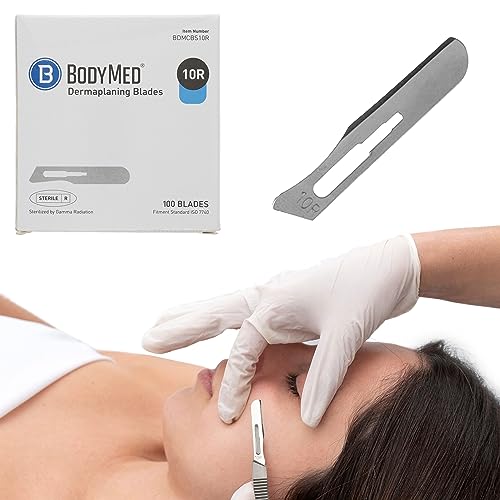 BodyMed Dermaplaning Blades #10R in Stainless Steel, 100 PCS - Disposable, Sterile Scalpel Blades for Estheticians, Facial Exfoliation, Hair Removal, Skin Care, Surgical & Podiatry Use Stainless Steel #10R, 100 PCS
