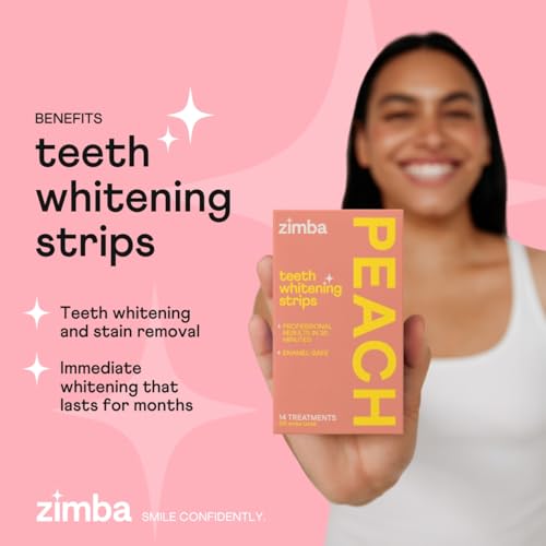 Zimba Teeth Whitening Strips for Teeth Sensitive, White Strips for Teeth Whitening, Teeth Whitener Stain Remover 28 White Strips Included Per Pack, 2 Pack (14 Day Treatment), Coconut and Peach