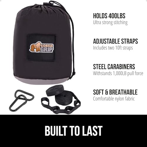 GORILLA GRIP Umbrella and Camping Hammock, Umbrella for Rain Easily Collapsible in Black, Camping Hammock Holds 400lbs in Size 9x4.5 FT Portable in Black Grey, 2 Item Bundle