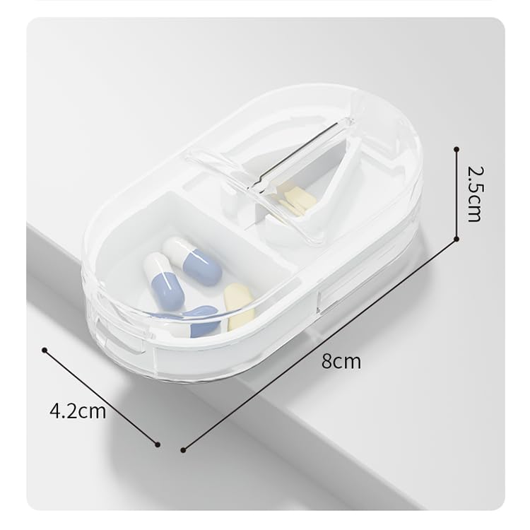 Travel Pill Organizer Cutter Box, 2 Compartments Tablet Splitter | Daily Pill Case, Small Vitamin Planner Sorter for Pocket Purse, Mini Medicine Supplement Fish Oil Capsule, Transparent Green Grey