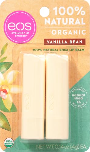 eos 100% Natural & Organic Lip Balm Sticks- Vanilla Bean, All-Day Moisture, Dermatologist Recommended, 0.14 oz, 2-Pack