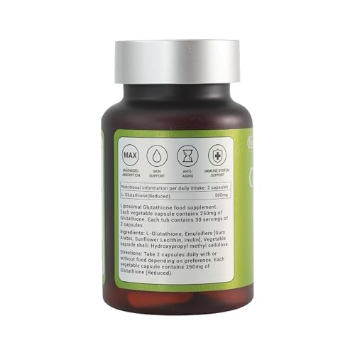 Liposomal Glutathione Supplement (Reduced), 500mg Glutathione Skin Whitening - 10x Higher Absorption, Antioxidant & Detox, Vegan-Friendly Formula, 60 Capsules (Pack of 1)