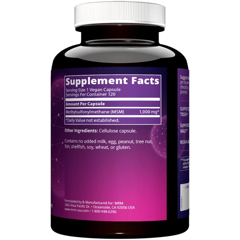 [Australia] - MRM Nutrition MSM 1000mg | Methyl-sulfonyl-Methane Capsules | Joint Health | Hair + Skin + Nails | Bioavailable Form of Sulfur | Gluten-Free + Vegan | 120 Servings 120 Count (Pack of 1) 