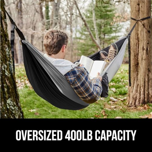 GORILLA GRIP Umbrella and Camping Hammock, Umbrella for Rain Easily Collapsible in Black, Camping Hammock Holds 400lbs in Size 9x4.5 FT Portable in Black Grey, 2 Item Bundle
