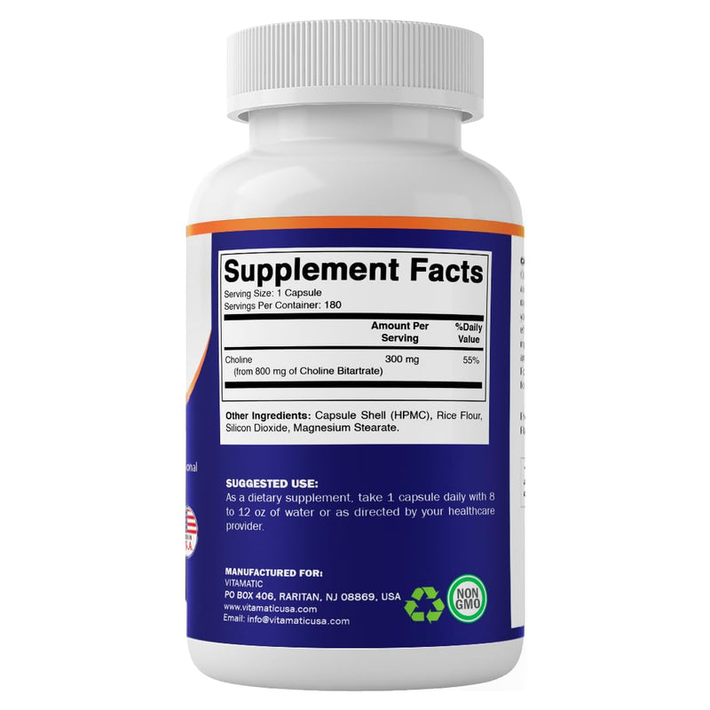 Vitamatic Choline Bitartrate 800 mg – 180 Vegetable Capsules – Non-GMO, Gluten Free – Made in USA