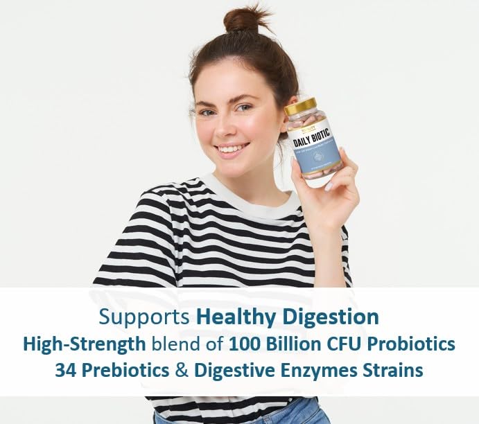 Totality Daily Biotic 60 Vegetarian Capsules I 100 Billion CFU Probiotics with 34 Prebiotics & Digestive Enzyme Strains I 2 Month Supply I Daily Digestive Support Supplement