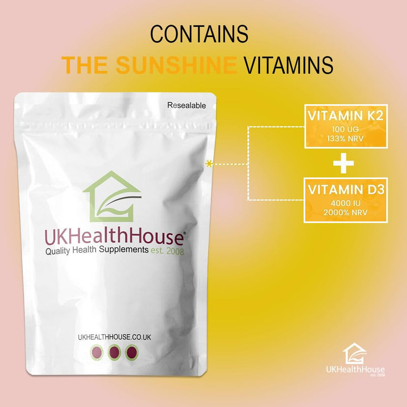 UKHealthHouse Vitamin D3 4000iu & K2 100ug (MK7) Vitamin D3 K2 Tablets Supports Normal Bones Muscles Teeth Immune System Cholecalciferol Menaquinone-7 (240 tabs) 240 count (Pack of 1)