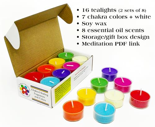 Chakra Colored & Scented Soy Tealight Candles, 16 Pack, 60+ Hour Burn