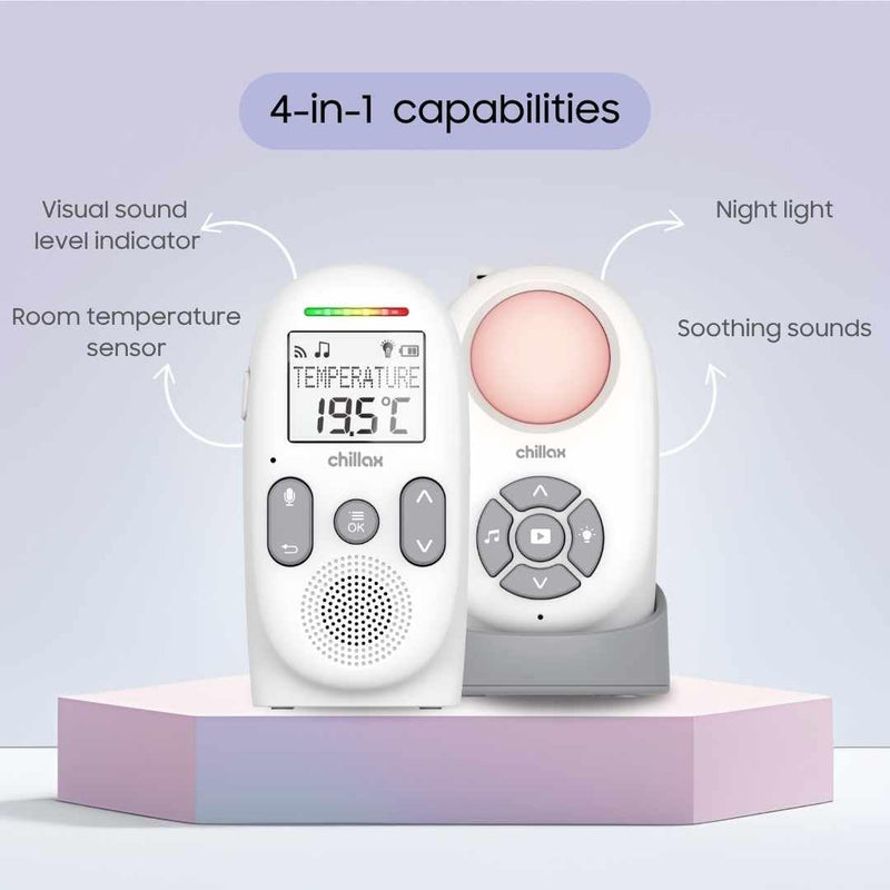 [Australia] - Chillax Baby 360 Digital Audio Monitor | 4-in-1 Baby Monitor with Night Light, Soothing Sound Machine, Room Temperature Sensor & Long-Range DECT 6.0 Audio | Portable & Rechargeable with Two-Way Talk 