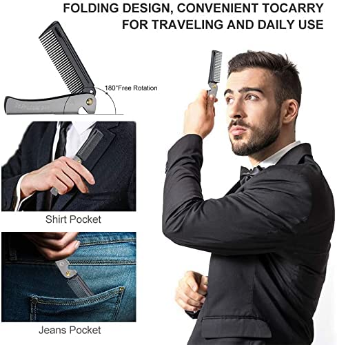 [Australia] - Folding beard comb, foldable comb for men, stainless steel beard comb, foldable round comb made of stainless steel, teeth comb, folding bag, mustache shaping comb for the hairdressing salon in the household (2#) 