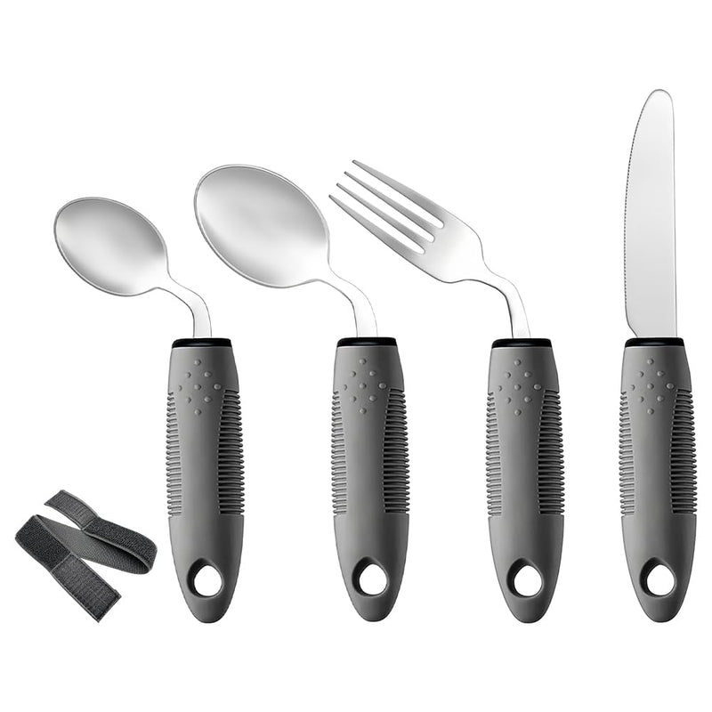Adaptive Utensils Set, 4PCS Cutlery for Arthritic Hands with Fixing Strap, 42° Angled, 3oz Weighted, Arthritis Aids Bendable Cutlery Easy-Grip Ergonomic for Disabled Hands, Parkinson, Arthritis