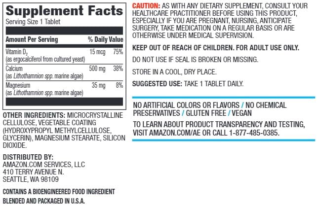 [Australia] - Amazon Elements Calcium plus Vitamin D, Calcium 500mg with D2 600IU, Vegan, 65 Tablets (2 month supply) (Packaging may vary), Supports Strong Bones and Immune Health 65 Count (Pack of 1) 