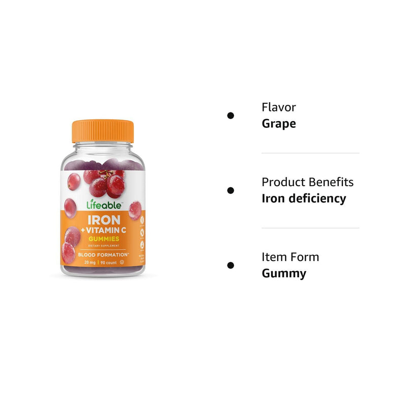 [Australia] - Lifeable Iron Gummies with Vitamin C - 20 mg - Great Tasting Natural Flavor Gummy Supplement - Gluten Free Vegetarian GMO-Free Chewable - for Iron Deficiency - for Adults, Men, Women - 90 Gummies 