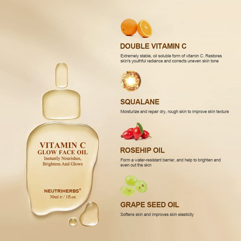 Neutriherbs Rosehip Seed Face Oil with Vitamin C Nourish Dry Skin - 1fl Oz | Enriched Jojoba, Grape Seed Oil, Lightweight Fast-Absorb Facial Oil, Hydrate, Brighten, Smooth Skin, Repair Skin Barrier