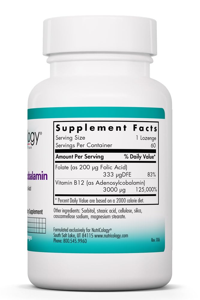 Nutricology B12 Adenosylcobalamin 3000 mcg, 60 Lozenges | Active Vitamin B12 Lozenges for Mitochondrial Energy and Nerve Support, Vegetarian, Hypoallergenic, 60 Servings
