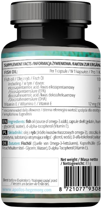 Fish Oil 1000mg - High Dose Omega 3 with 330mg EPA and 220mg DHA - 60 Softgel Capsules - 2 Months Supply - Unsaturated Fatty Acids (EFAs) - Supports Heart and Brain Health - by Apollo's Hegemony Capsule 60 count (Pack of 1)