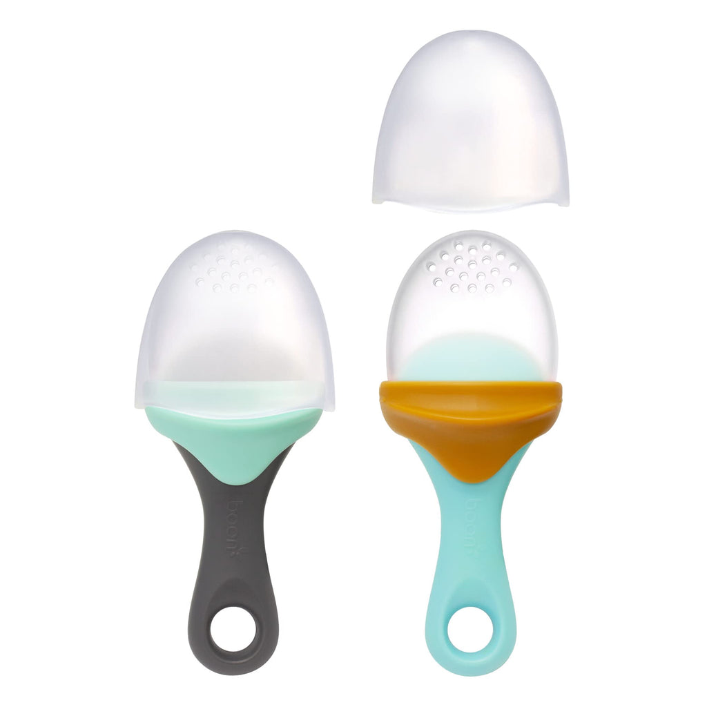 Boon Pulp Silicone Baby Fruit Feeder - Soft Silicone Baby Feeding Set - Fruit and Vegetable Baby Led Weaning Supplies - Baby Feeding Essentials - Blue/Mustard and Gray/Mint - 2 Count 2 Pulp Feeders Blue/Gray