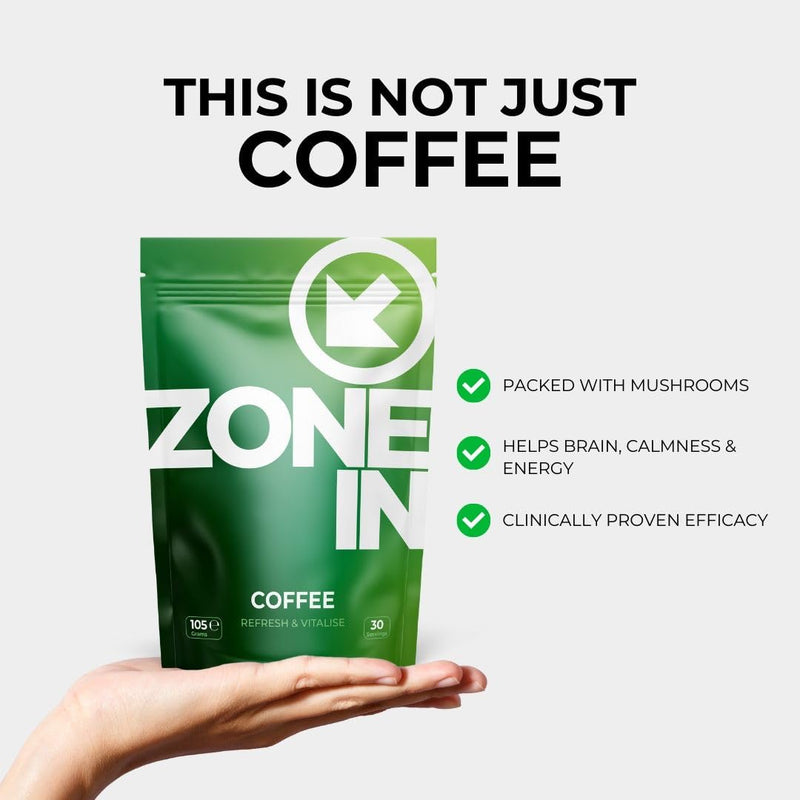 Zone in Mushroom Coffee 105g, 30 Servings with Lion's Mane. Cordyceps, Reishi & Ashwagandha - Advanced Functional Mushroom Complex, Mushroom Supplement, Experience Sharper Focus & Energy